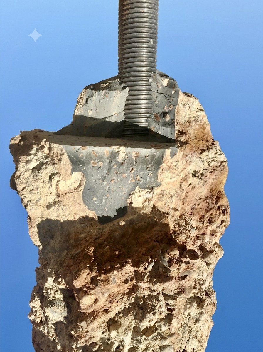 Cabeza de micropilote autoperforante: barra, placa de reparto y bulbo de inyección trabado en el terreno